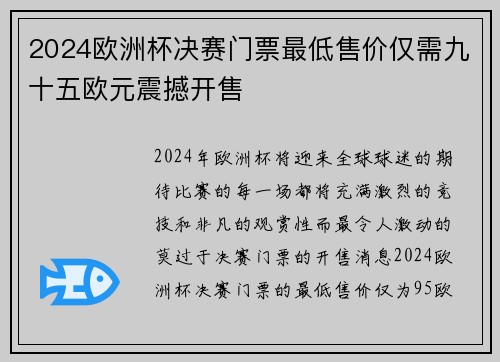 2024欧洲杯决赛门票最低售价仅需九十五欧元震撼开售 2024欧洲杯决赛门票最低售价仅需九十五欧元震撼开售